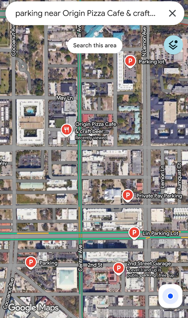 Parking locations near Origin Pizza